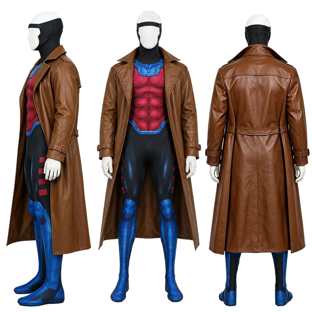 Gambit Cosplay Costume Remy LeBeau Printed Bodysuit Brown Trench Coat Mask Halloween Superhero Outfit Disguise Adult Men