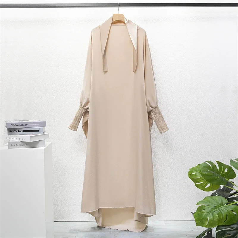 Muslim Abaya One-piece Prayer Dress Hooded Smocking Sleeve Women Jilbab Islamic Clothing Dubai Saudi Robe Turkish Modesty