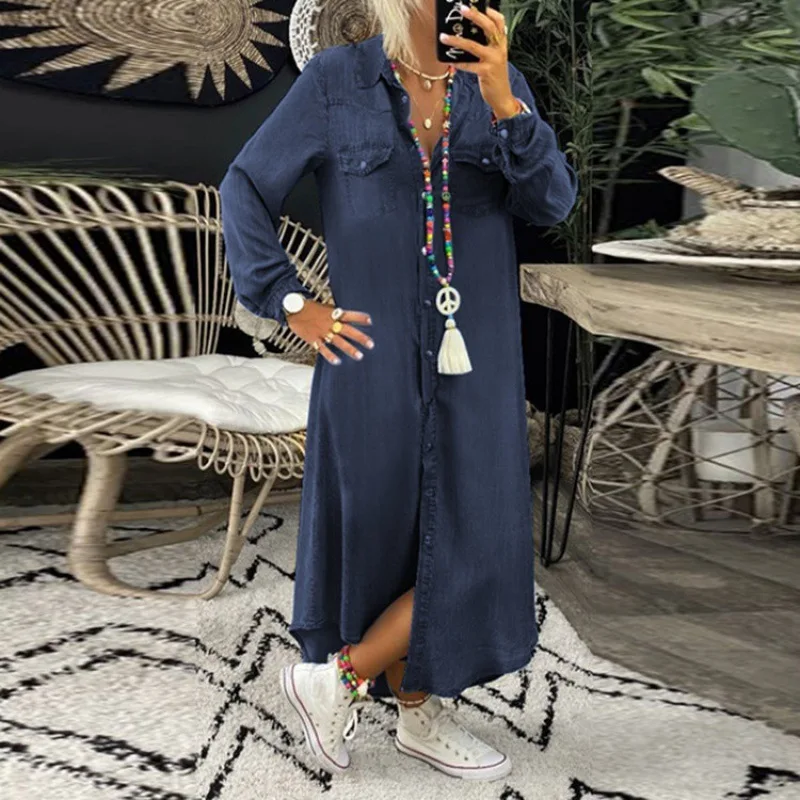 

Shirt Jeans Dress Women 2025 Spring Summer Turn Down Collar Solid Elegant Splice Single Breasted Full Sleeve Loose Robe Femme