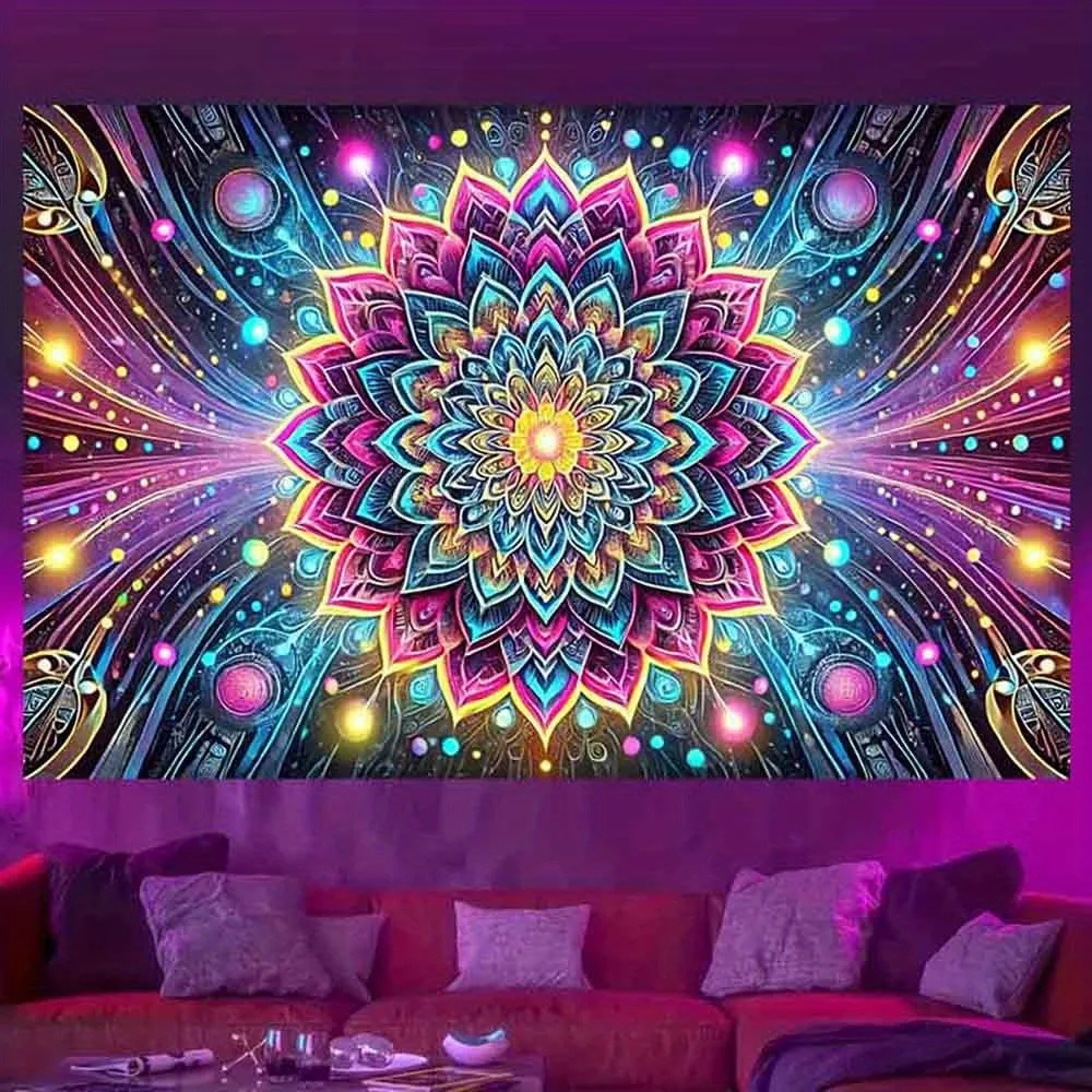 Psychedelic Mandala Neon Tapestry,UV tapestry wall hanging bedroom home party decoration