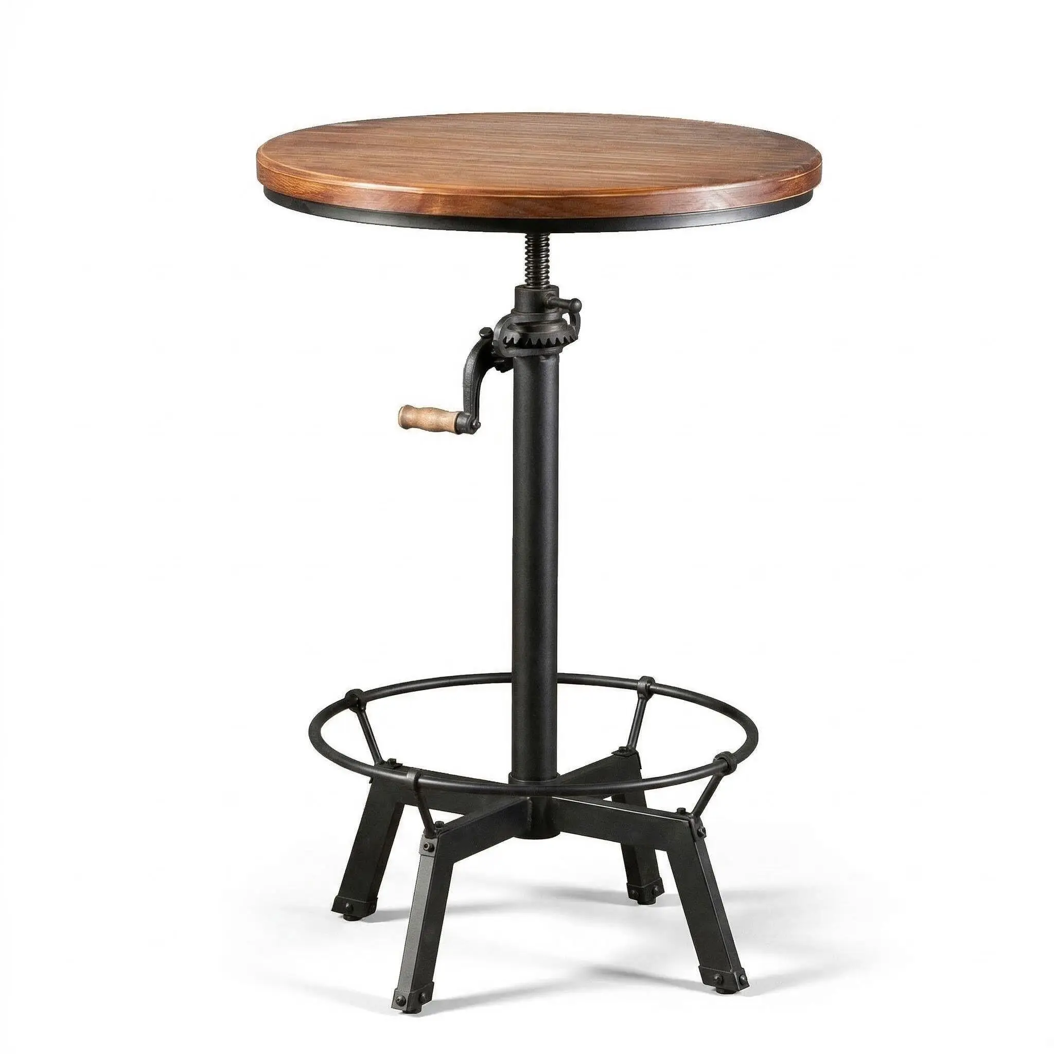 

Industrial Adjustable Height Pub Table Round Wood Top With Crank Handle Black Bar Stool