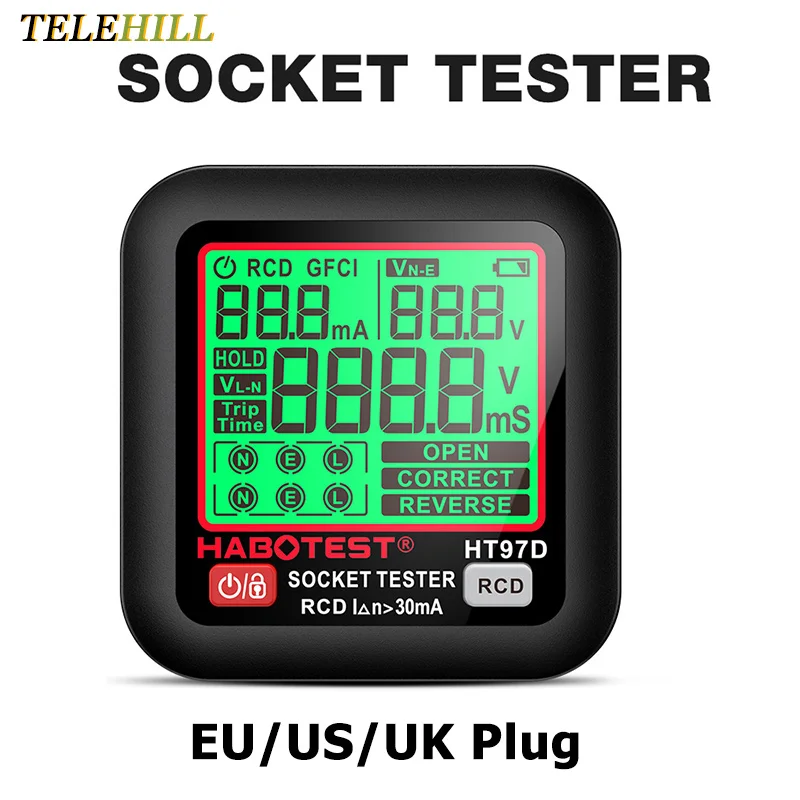 HT97 cyfrowy miernik do gniazdka inteligentny czujnik napięcia RCD GFCI Test napięcia 48-250V EU US UK wtyczka duży wyświetlacz LCD miernik do