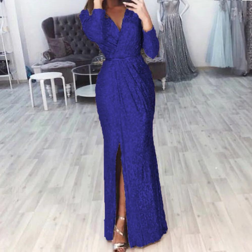 Elegant Women V Neck Long Sleeve Party Long Dress Autumn Winter Fashion Sequin Waist Sexy High Split Casual Slim Maxi Dresses