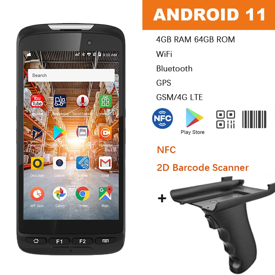 

Сканер штрих-кода на платформе Android 11, 4 Гб + 64 ГБ, Wi-Fi, 4G, Bluetooth