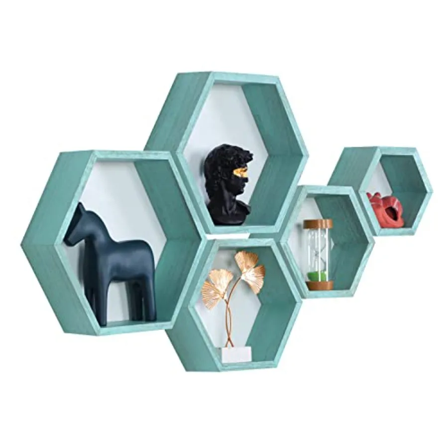 

Hexagon Floating Shelves, Wall Mounted Wood Farmhouse Storage Honeycomb Wall Shelf Set of 5, for Bathroom, Kitchen, Bedroom, Li