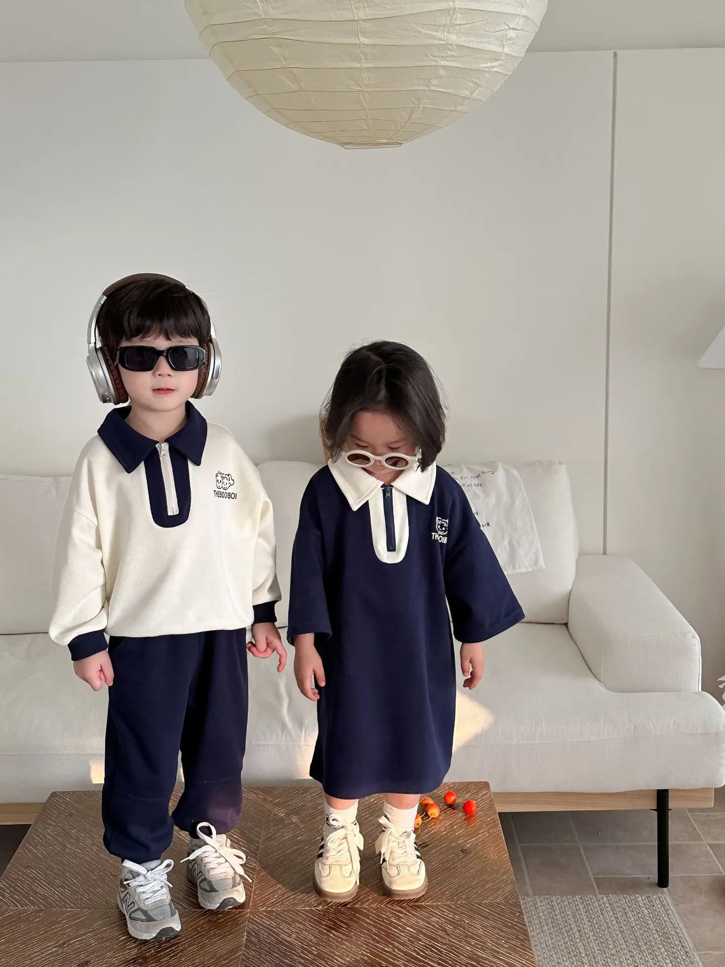 2024 Spring Brother Sister Outfits Boy Children Long Sleeves Lapel Sweatshirt Suit Loose Girl Baby Cotton Dress Kids Tracksuit