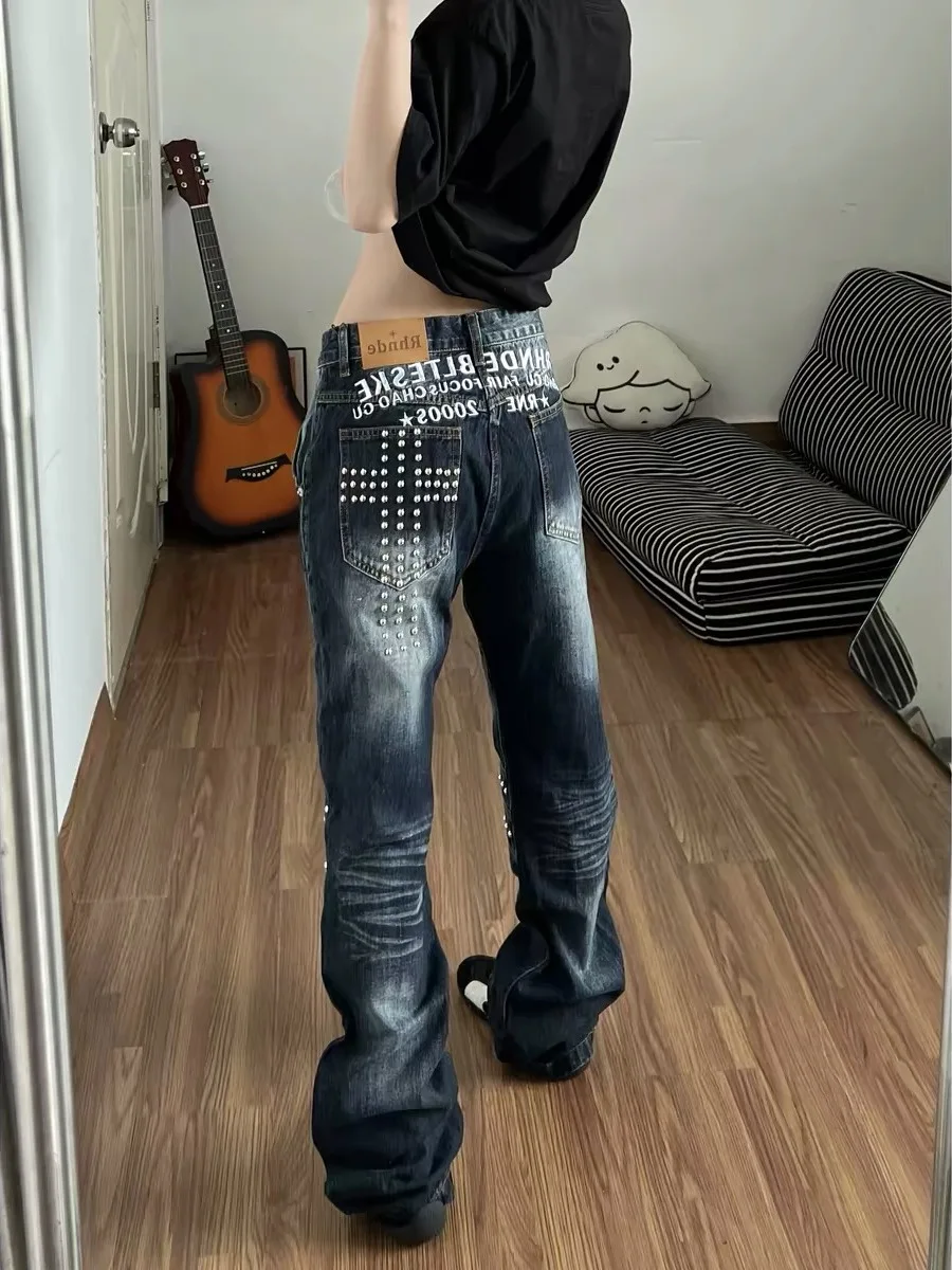 American Retro Nail Scratch Micro Flared Pants Letter Print High Street Style Spicy Girl Loose Fit Jeans for Women Autumn 2026