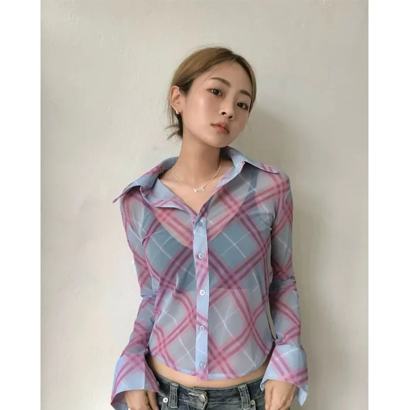 Deeptown Harajuku Plaid Chiffon Blouses Women Y2k Sexy Korean Style Long Sleeve Mesh Shirts See Through Crop Tops Streetwear