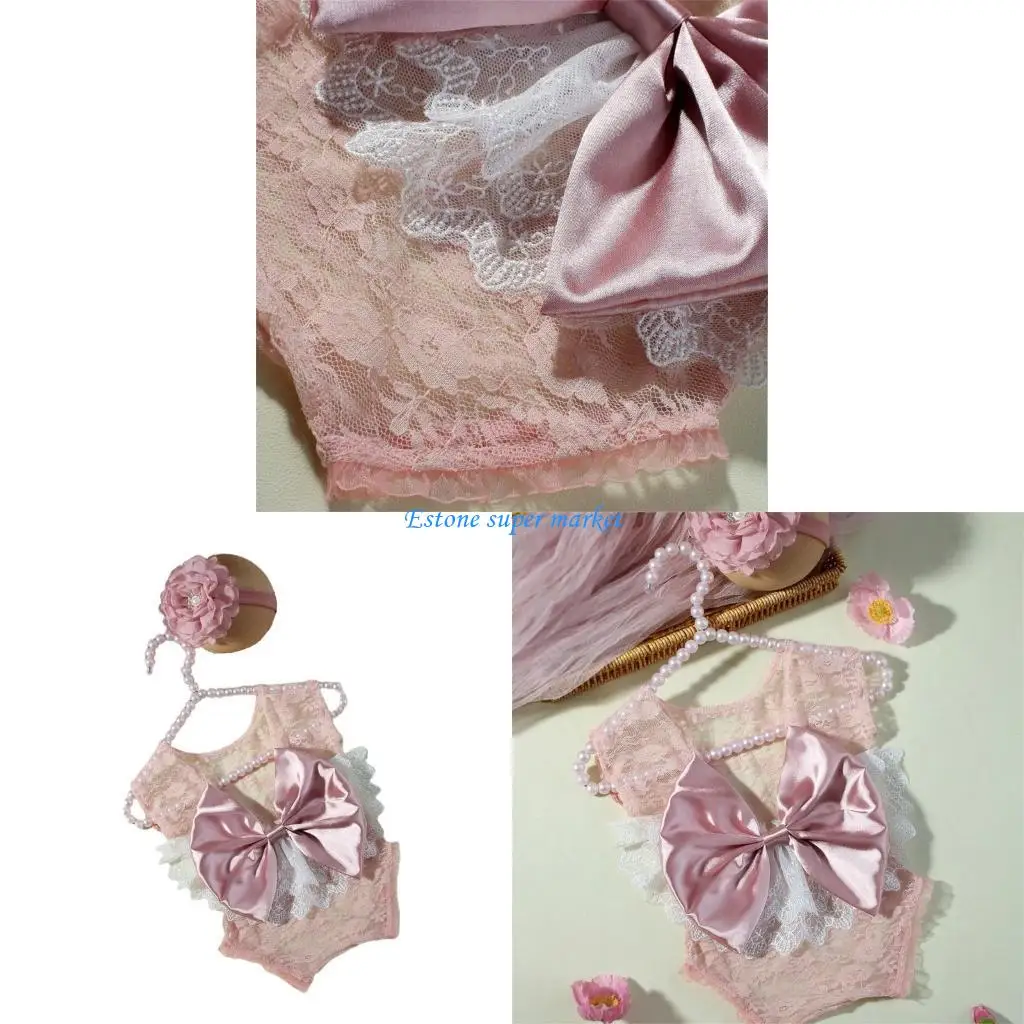 

090b 1 Set Math Photo Soft Bownot Romper и соответствующая повязка на голову для новорожденных