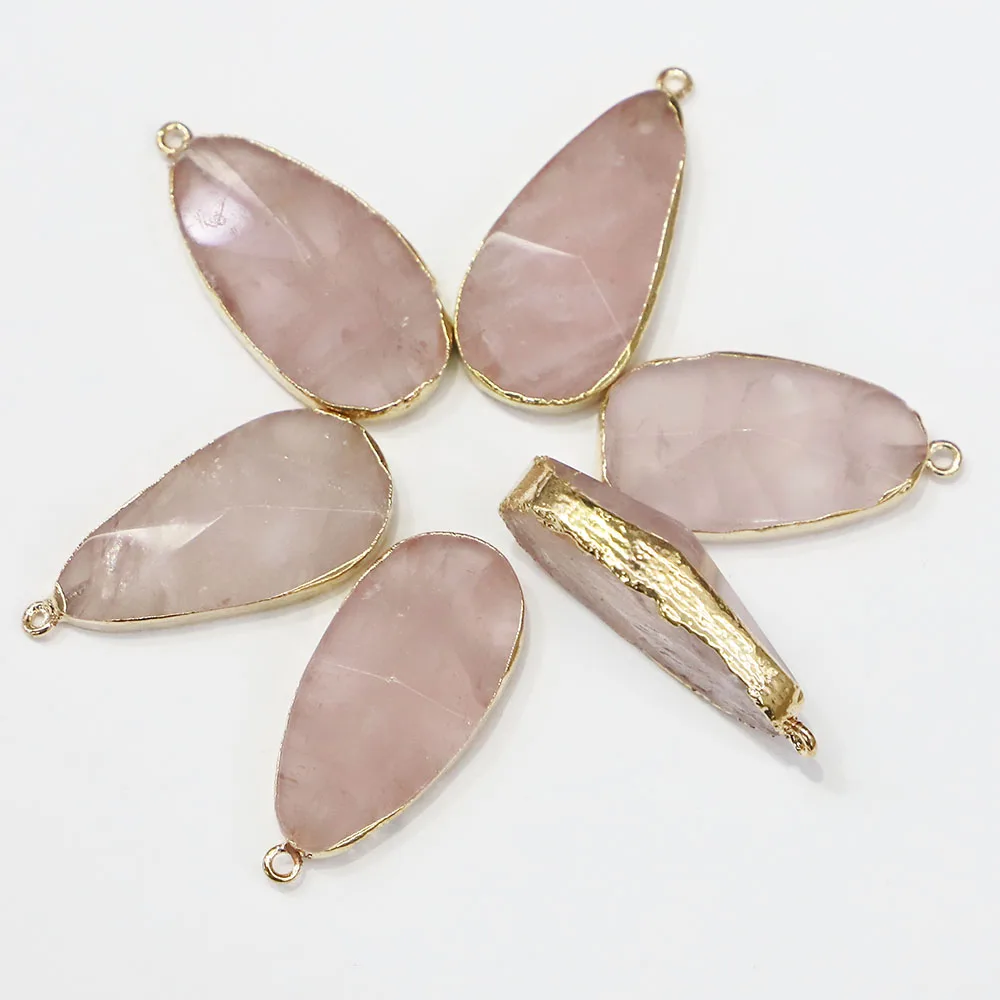 Natural Stone Rose Quartz Gold Edge Wrap Water Droplets Necklaces Pendants Jewelry Gift Accessories Wholesale 6Pcs Free Shipping