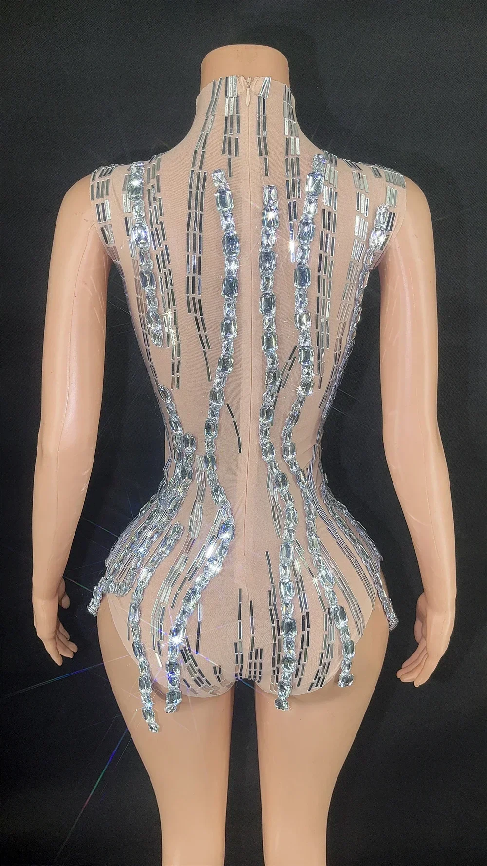 Women Sexy Mesh Stretch Performance Celebrate Costume Nightclub Stage Show Outfit Sparkly Crystals Diamonds Mesh Bodysuit