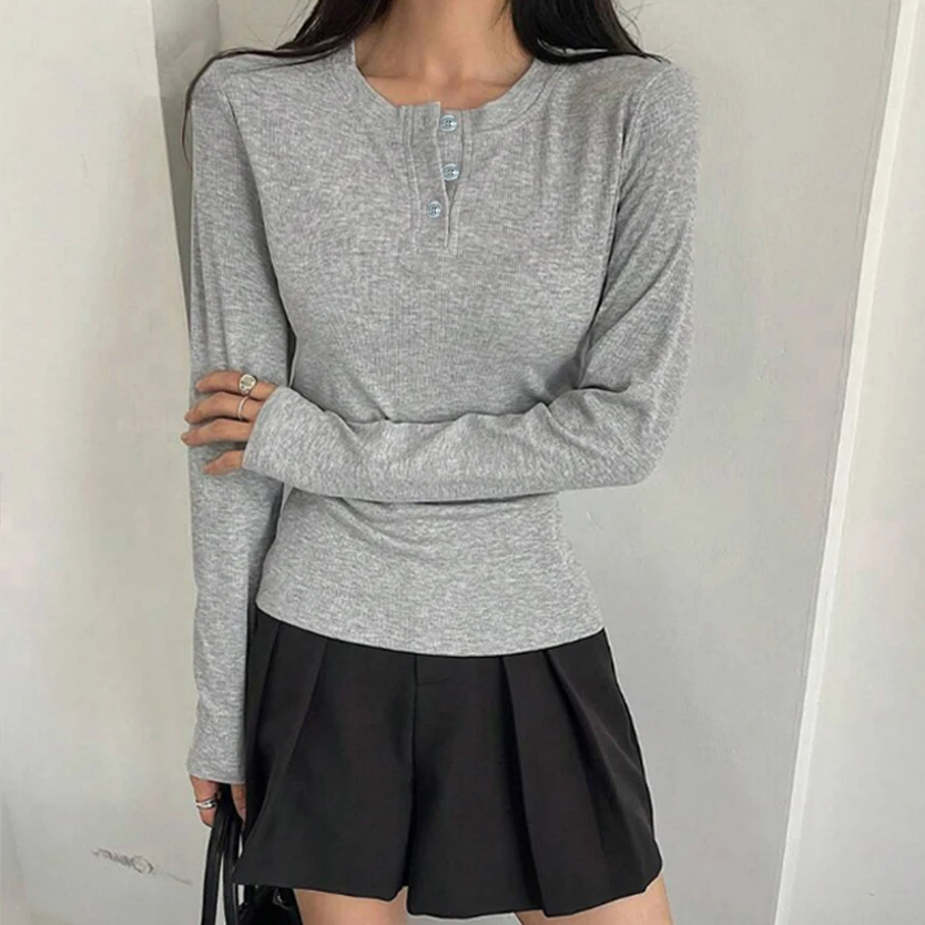 Women Ribbed Henley Neck Long Sleeve T‑Shirt Casual Button Half Placket Slim Fit Basic Tee Autumn Spring Soft Knit Tops Daily We