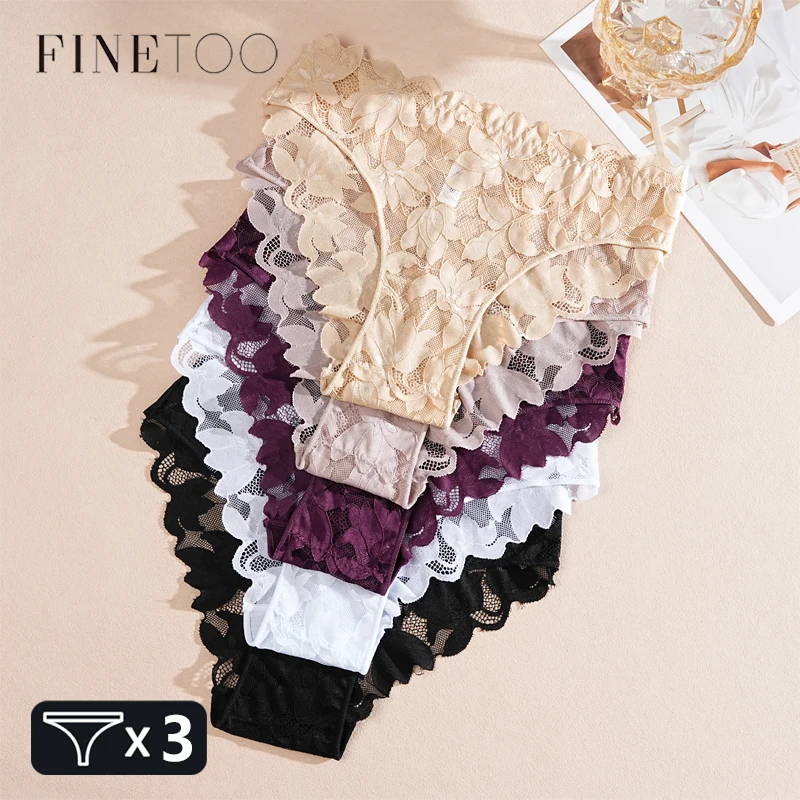 FINETOO 2 Stück Damen-Unterwäsche aus Satin mit Blumenspitze, sexy, aushöhlen, Höschen, solide, niedrige Taille, perspektivische Slips, Mädchen, weiche Dessous