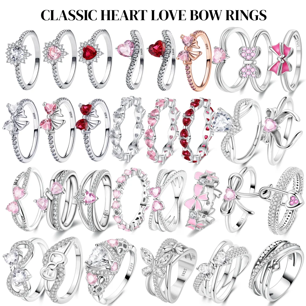 

Classic S925 Silver Shining Heart Zircon Love Bow Charm Ring for Women Jewelry Anniversary Valentine's Day Birthday Gift