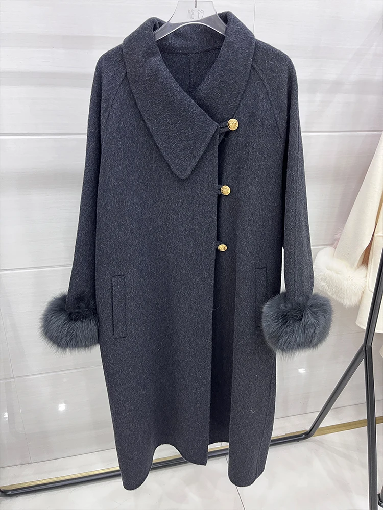 New Women Winter Long Wool Coat Natural Real Fox Fur Cuff Thick Warm Outerwear Loose Luxury Feamle Jacket