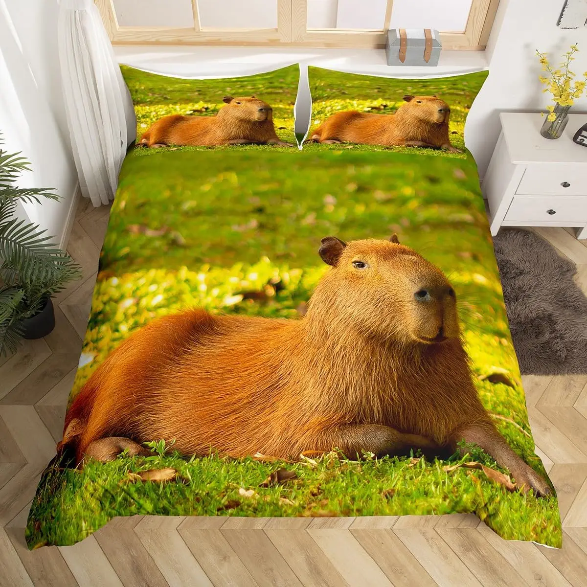 Lovely Capybara Duvet Cover Queen Twin,Rodent Wild Animal Comforter Cover for Teen Adult,Kawaii Decor Funny Capybara Bedding Set