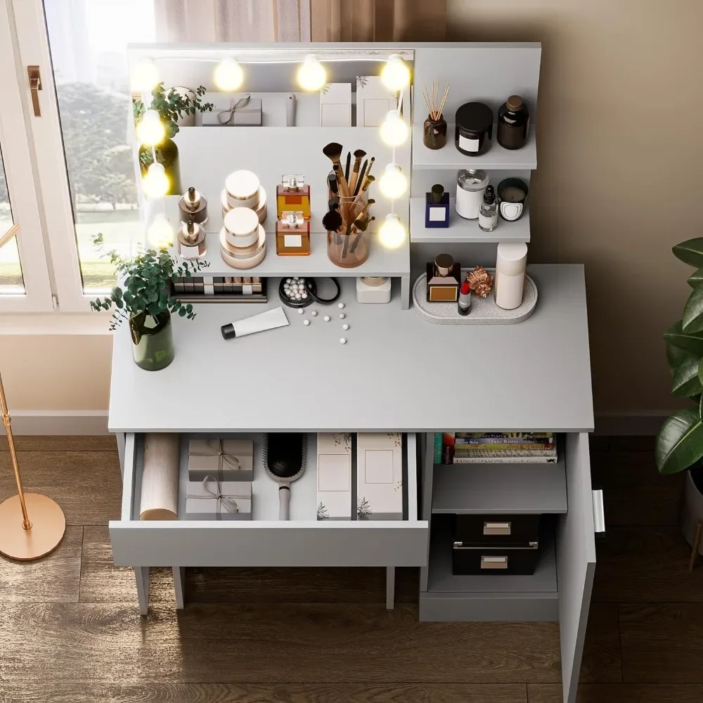 Bureau Make-Up Kaptafel Set Met Diy Verlichte Spiegel En Lade, Opbergkast, Kaptafel Dressoirs Voor Slaapkamerwoning, Grijs