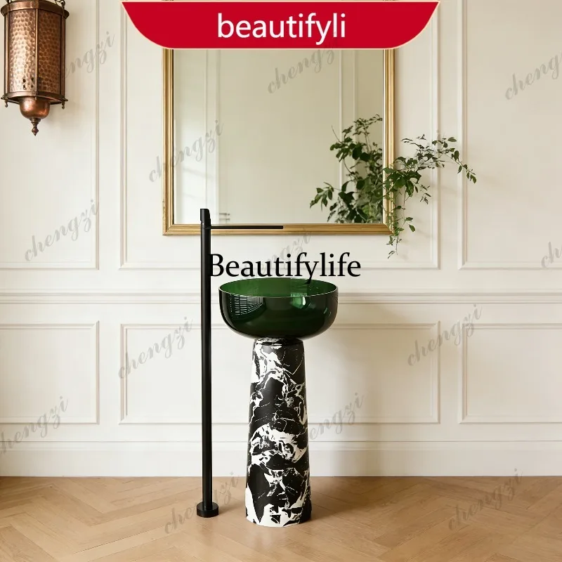French retro marble floor-to-ceiling villa clubhouse hand washing wine red transparent washbasin  A17
