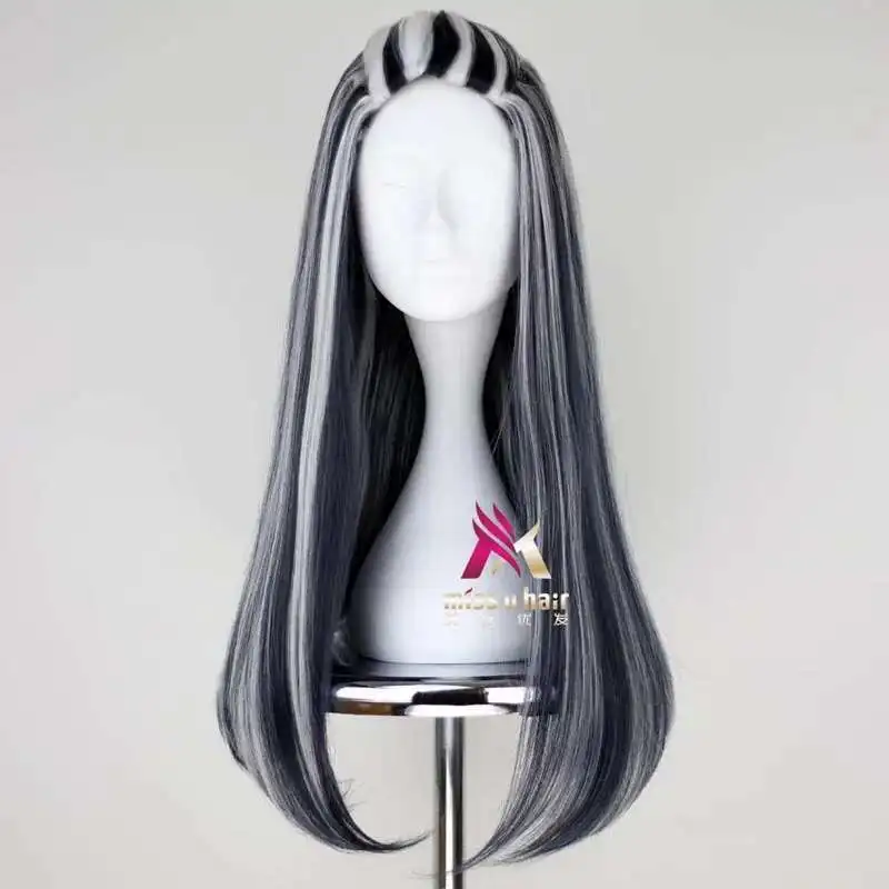 Nueva peluca frankie Monster High Frankie pelucas de Cosplay 65 cm negro mezcla blanco fiesta de Halloween peluca sintética de Cosplay + gorro de peluca