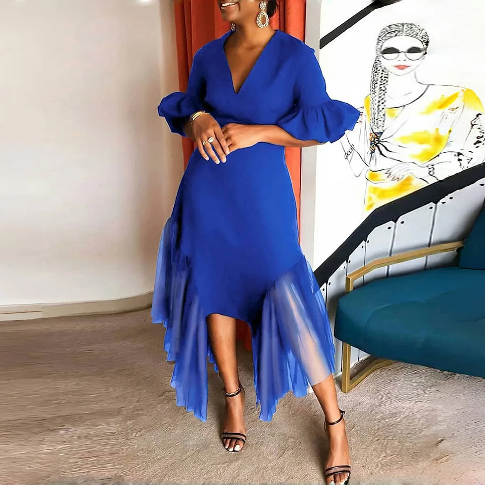 

Irregular Mesh Patchwork Dress For Women Elegant Flare Half Sleeve Plus Size V-Neck Ruffle Hem Midi Dresses 2025 Evening Dresses