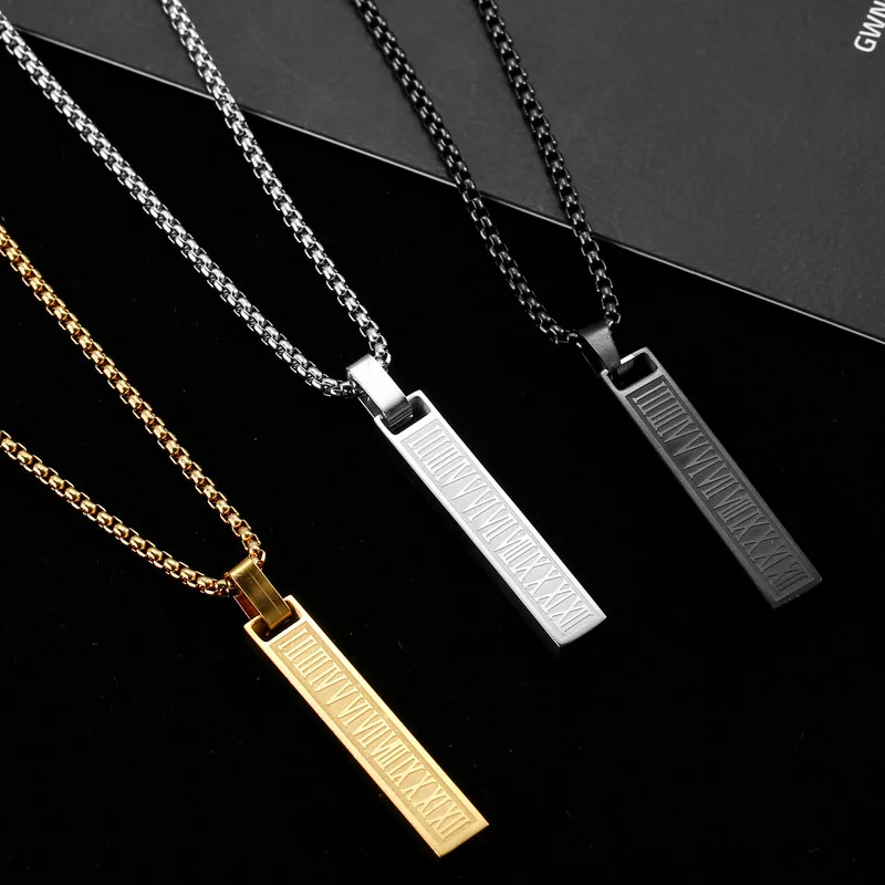 

Fashion Stainless Steel Simple Geometric Long Bar Necklace Men Roman Number Necklace for Men Jewelry Gift for Him