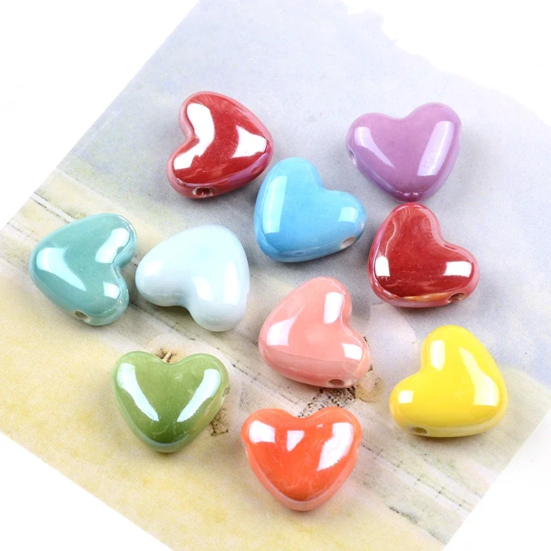 15mm Multicolor Heart Shape Ceramic Beads Porcelain Square Cross Hole Beads for Jewelry Making Bracelet Necklace Charms 2mm Hole