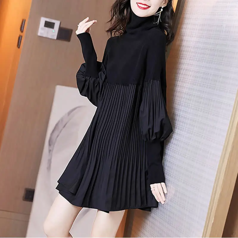 Elegant Solid Color Folds Spliced Lantern Sleeve Mini Dress Women\'s Clothing 2022 Autumn New Oversized Loose Casual Dresses