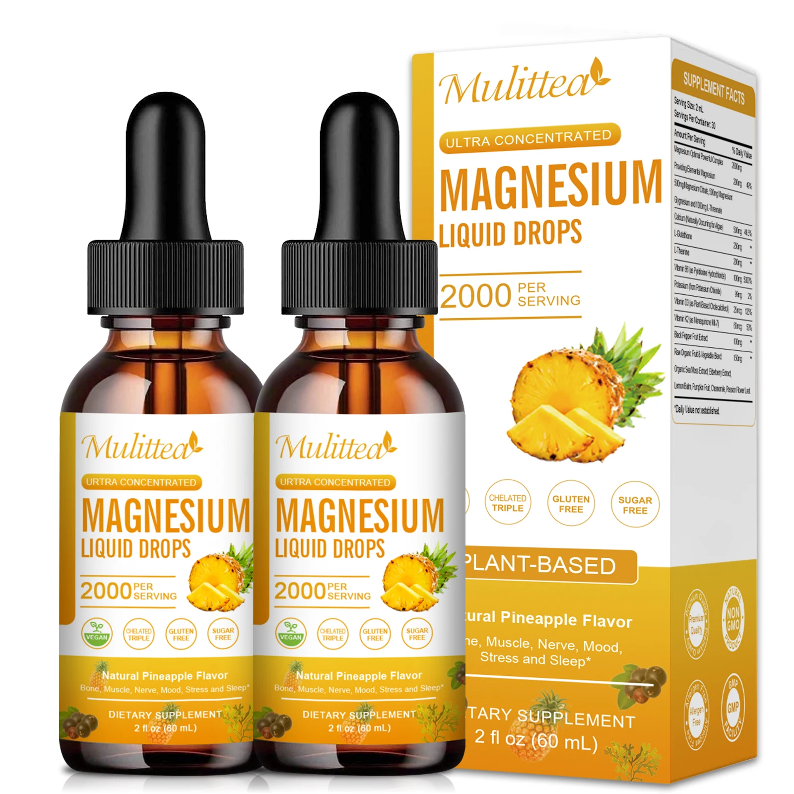 Mulittea Magnesium Glycinate Drops In Pineapple Flavor For Calming Mood, Muscles  Sleep, Promoting Nerves and Relaxation