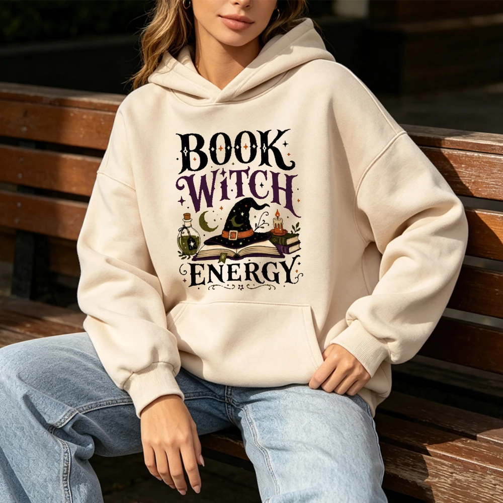 Book Witch Energy Hoodie Unisex Science Magic Book Graphic Printed Sweatshirt Women Men Fall Halloween Casual Pocket Warmers