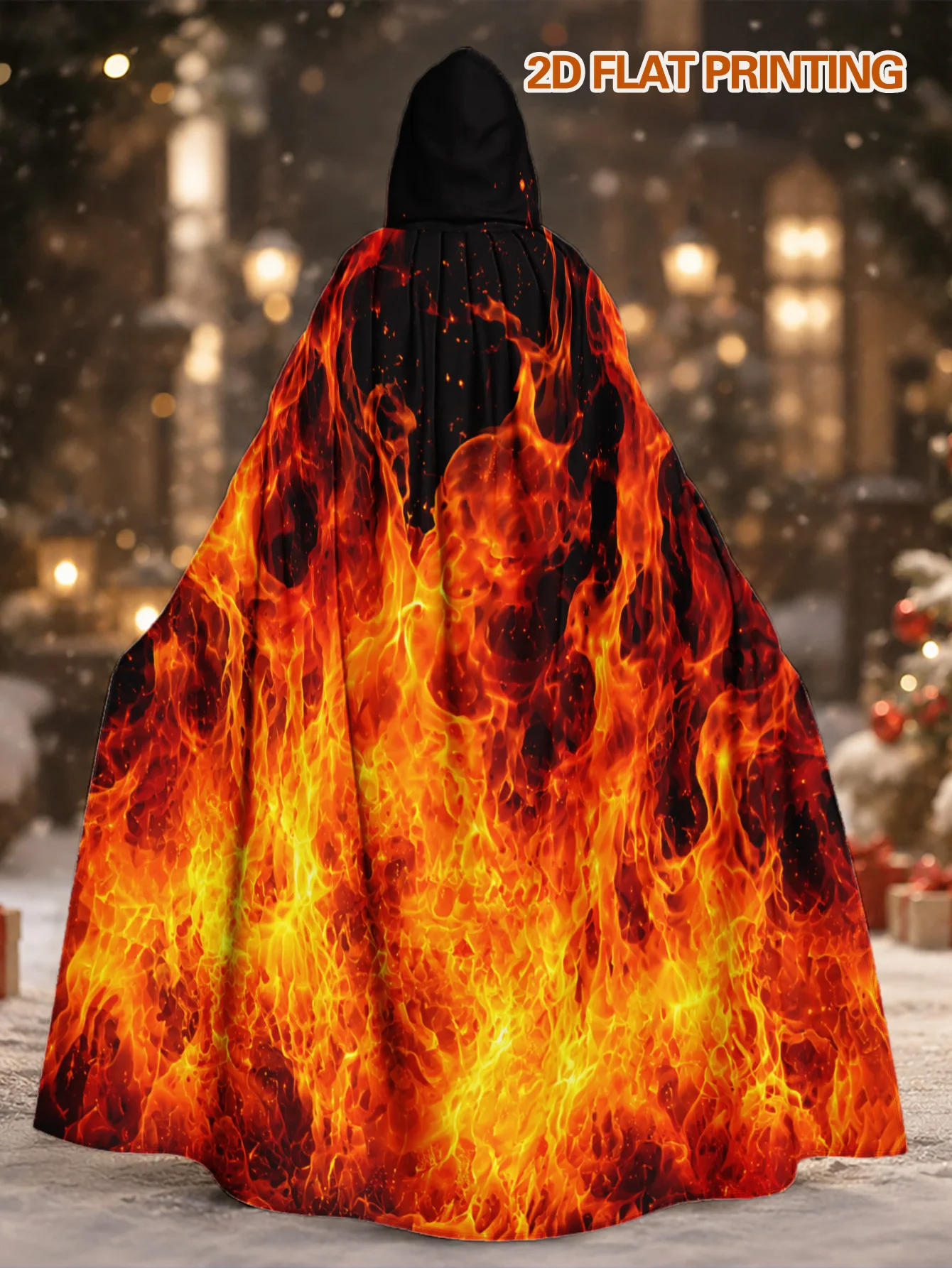 1pc, Adult Halloween And Costume Cape with Flames On Black Design, Long Hooded Polyester Robe Fantasy Character Dressing, Suitab