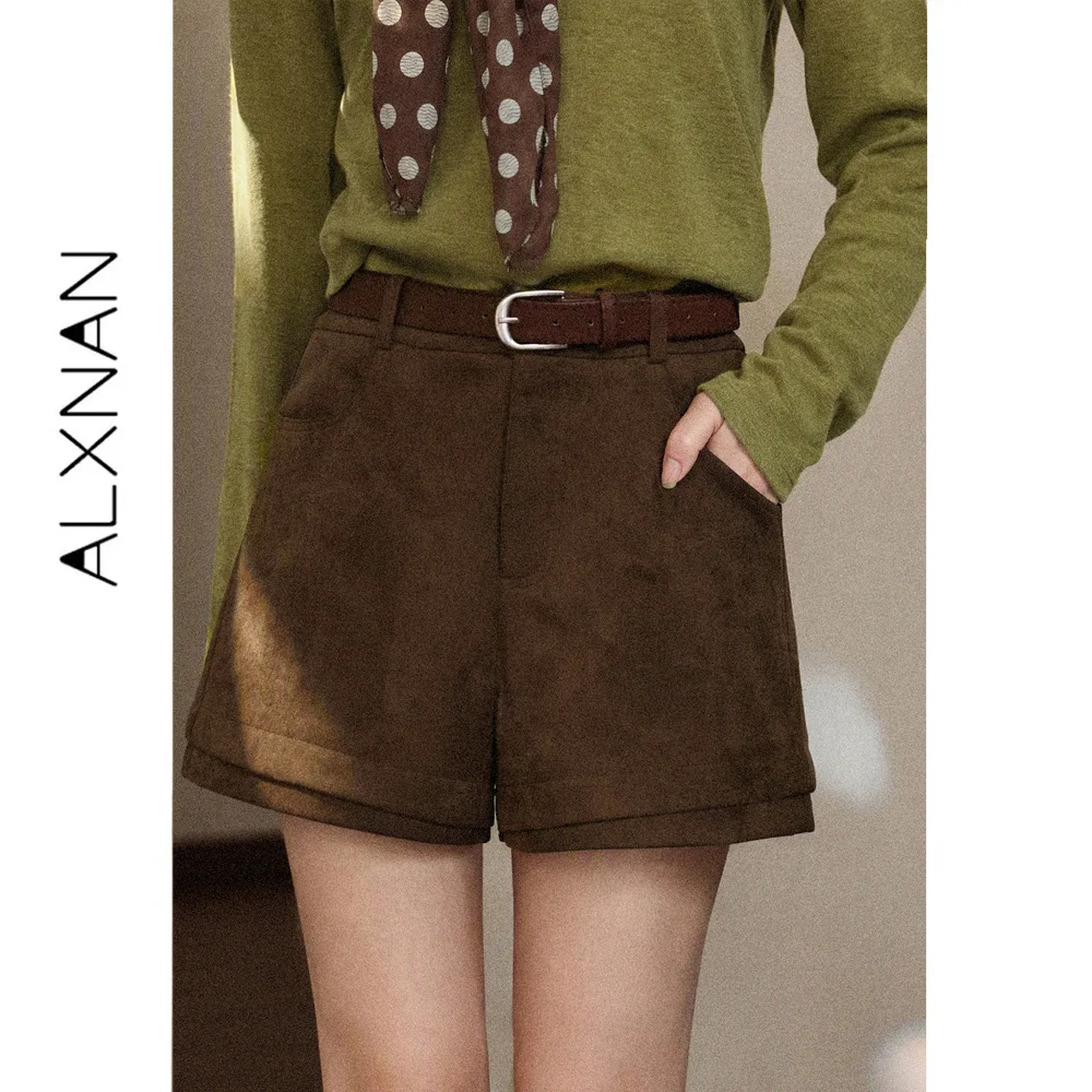 ALXNAN Brown Women's Shorts 2026 New Autumn High Waist Texture Belt Wide-leg A-line Casual Loose-fit Short Pants Ladies L679222A