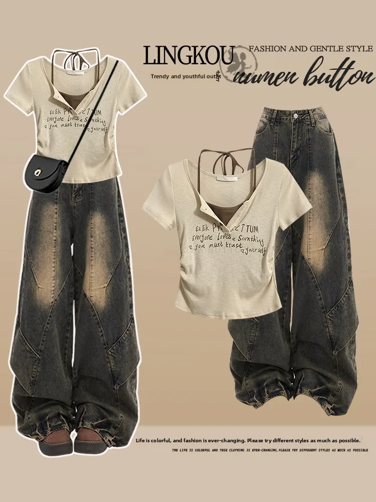 

plus Size Summer Vintage Set Women's Korean Style Fake Two-Piece Neck Short Sleeve High Waist Slimming Jeans Two-Piece Set