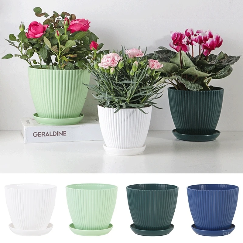 Plastic Flower Pots with Tray Solid Color Plant Pot Thickened Green Plant Potted Planters Wholesale Gardening Supplies