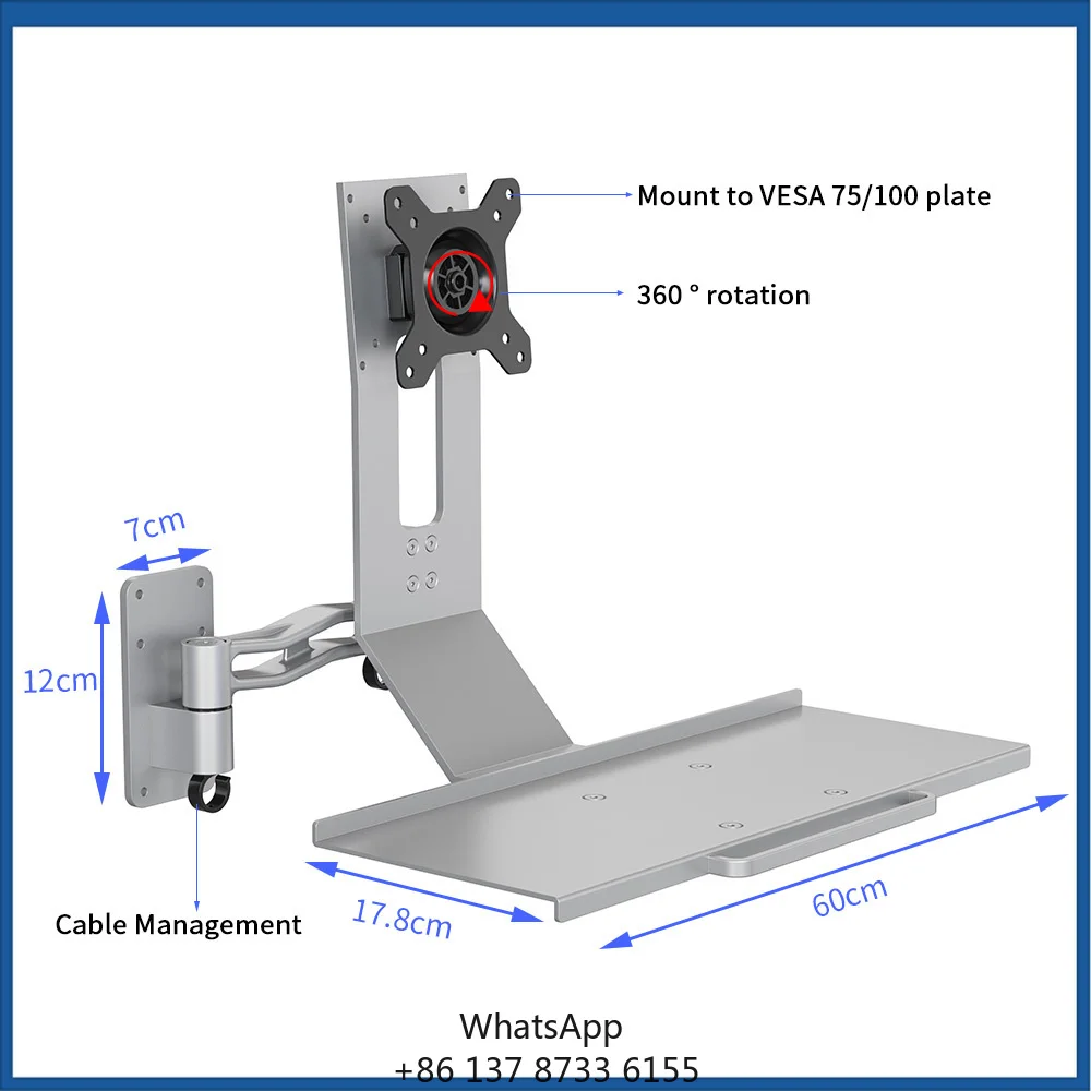 2026 New Adjustable Aluminum Alloy Wall Mount Arm 360 Rotation 15 Tilt 20KG Load Capacity For 13''-27'' Industrial Monitors