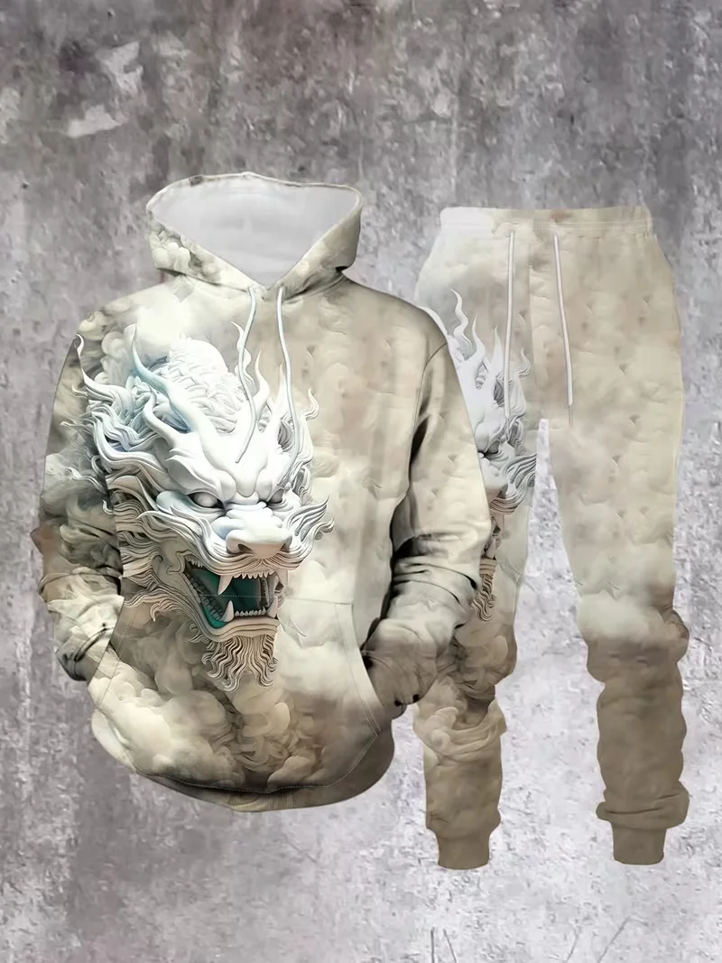 

﻿Vintage Men's Hooded 3D Printed Battle Animal Pattern Sweatshirt Drawstring Sport Long Sleeve Tops Casual 2PCS Jogging Suits