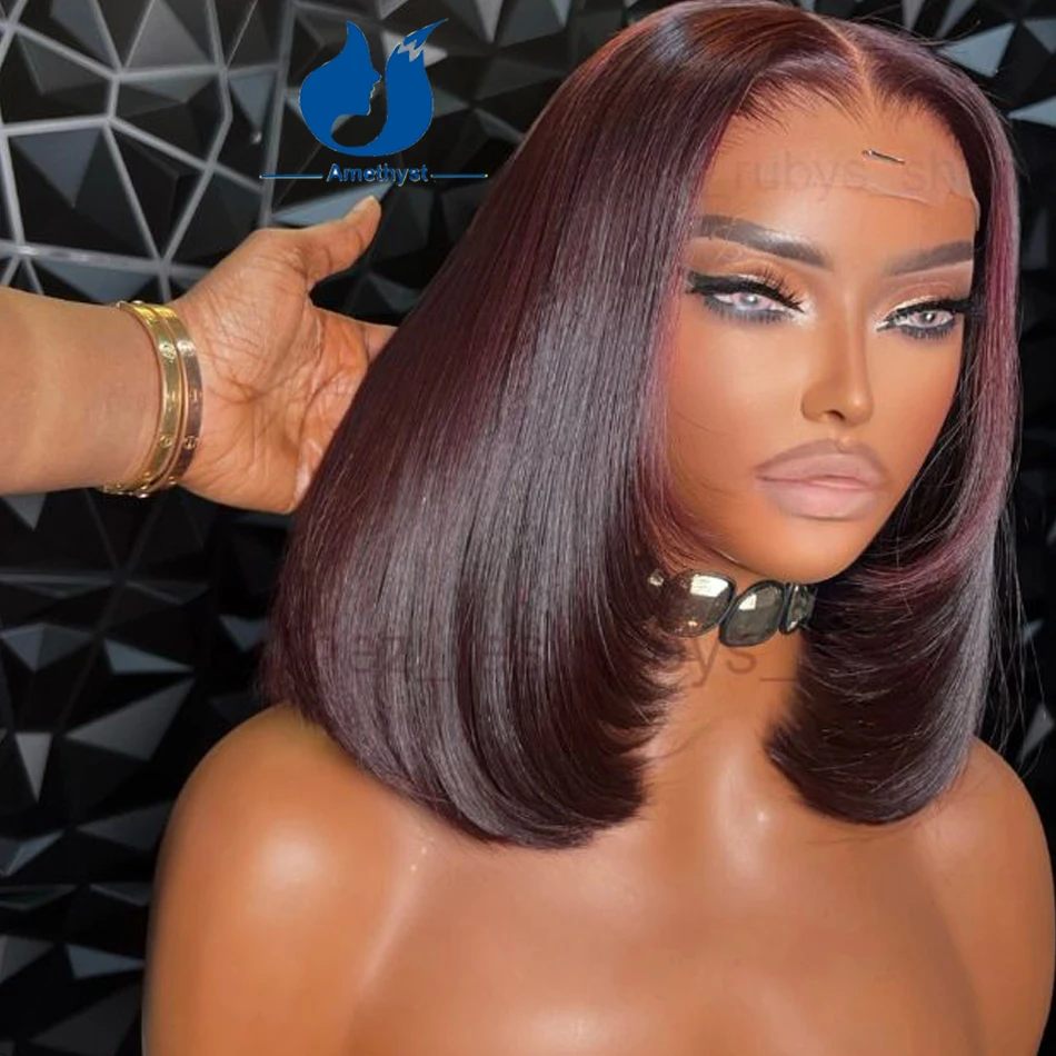 

Аметистовый многослойный бордовый парик на шнурке, человеческие волосы для женщин, бразильский парик на шнуровке 13x4, предварительно сорванный прямой короткий боб 99J