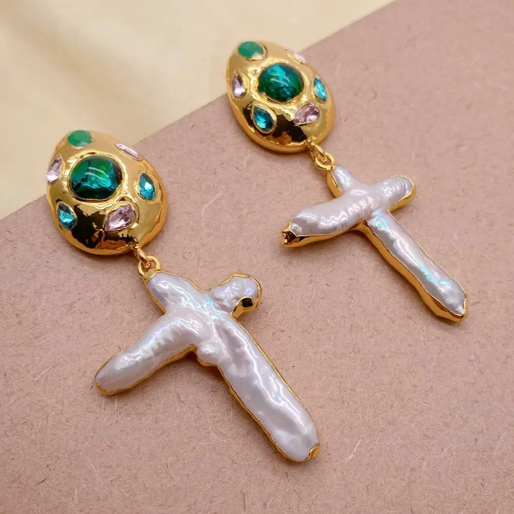 Y·YING  Cultured White Pearl Crucifix Murano Glass Dangle Drop Earring