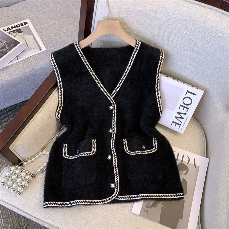 Knitted Vest Women\'s Spring 2023 New Loose Little Fragrance Mink Top Woolen Sweater Tank Top