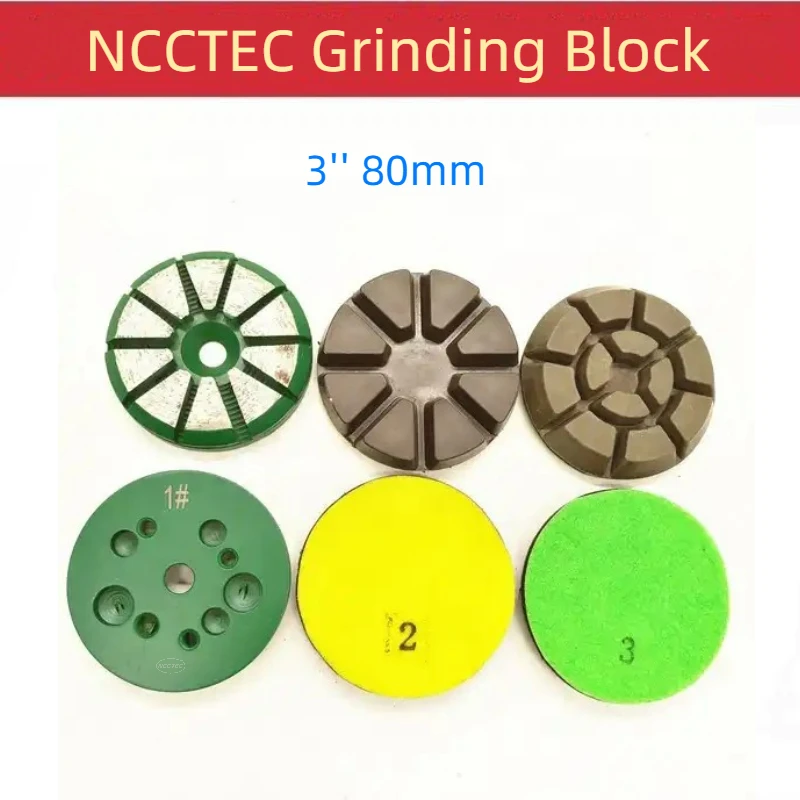 [10 Holes Base] 3\'\' Inches 3 Steps Metal Diamond Grinding Polishing Pad for Concrete Granite Velcroes Backed 80mm Disc Block