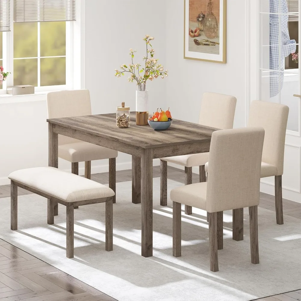 

6-Piece Solid Wood Dining Table Set, Including 1 Dining Table, 4 Upholstered Chairs and 1 Bench, Wooden Legs Dining Table Set fo