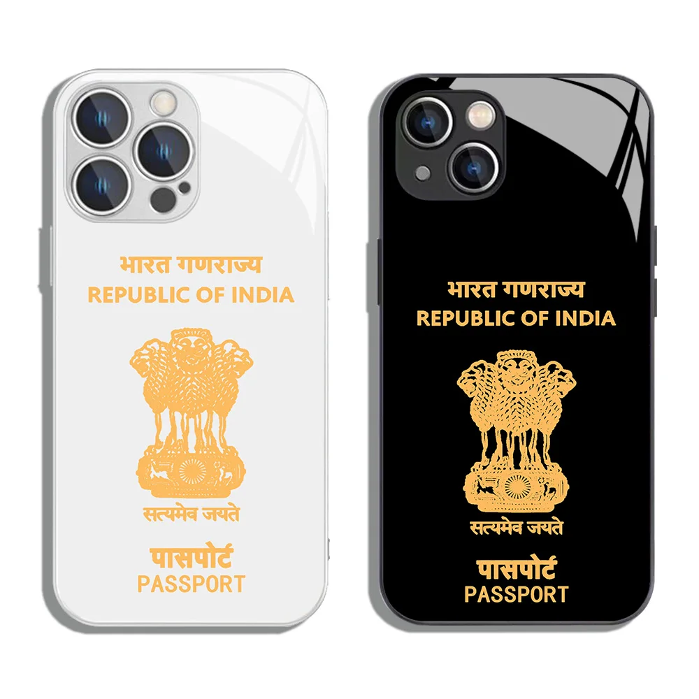 India Passport Metallic-Color Phone Case For iPhone X XR XS 16 15 14 13 12 Mini 11 Pro Max 7 8 SE20 Plus Glass Hard Cover