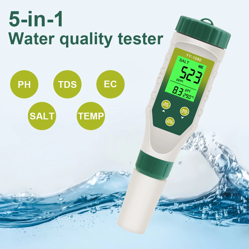 5-in-1 Water Test Pen, PH/TDS/SALT/EC/TEMP High Precision Probe Pool PH Diet Tester for Koi Ponds, Fish Tanks, Food Salinity