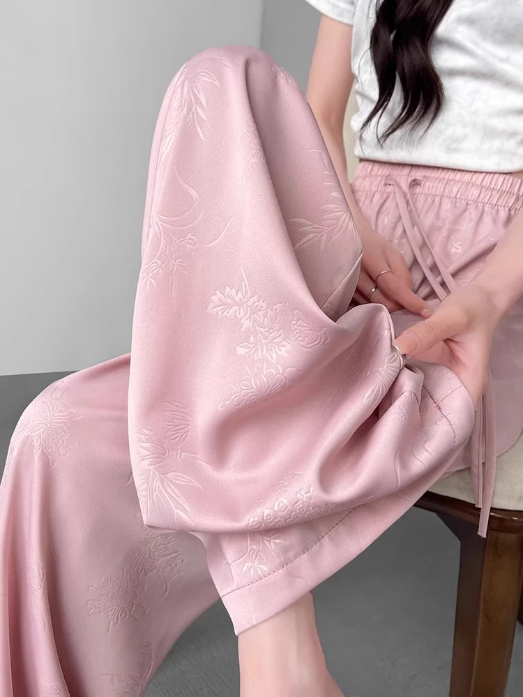 

Pink Silk Wide Leg Pants Women's Summer Thin High Waist Drapey Slimming Casual Long Trousers Korean Sle Loose Fit Trousers