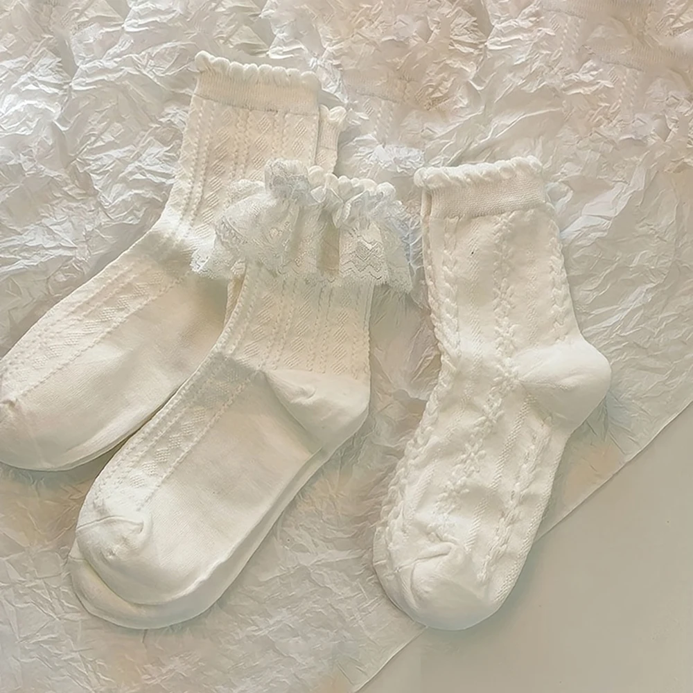 5/15 paia di calzini Lolita calzini di pizzo con fiocco bianco tubo centrale calzini da principessa stile college giapponese dolce streetwear calze