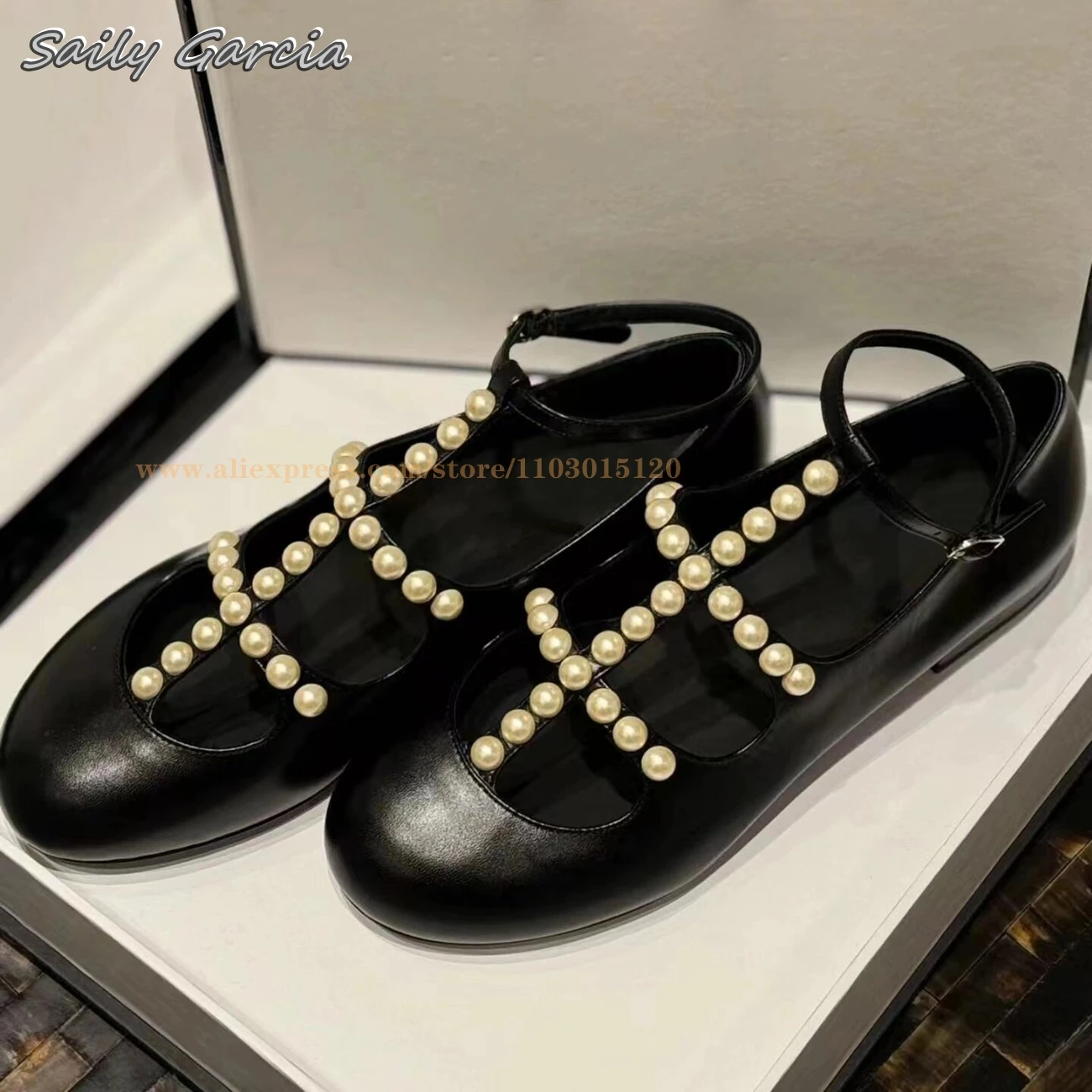 

Genuine Leather Pearl Decoration Hollow Shallow Flats Mary Jane Buckle Strap Lovely Shoes Round Toe Sheepskin Sole Casual Shoes