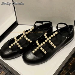 Genuine Leather Pearl Decoration Hollow Shallow Flats Mary Jane Buckle Strap Lovely Shoes Round Toe Sheepskin Sole Casual Shoes