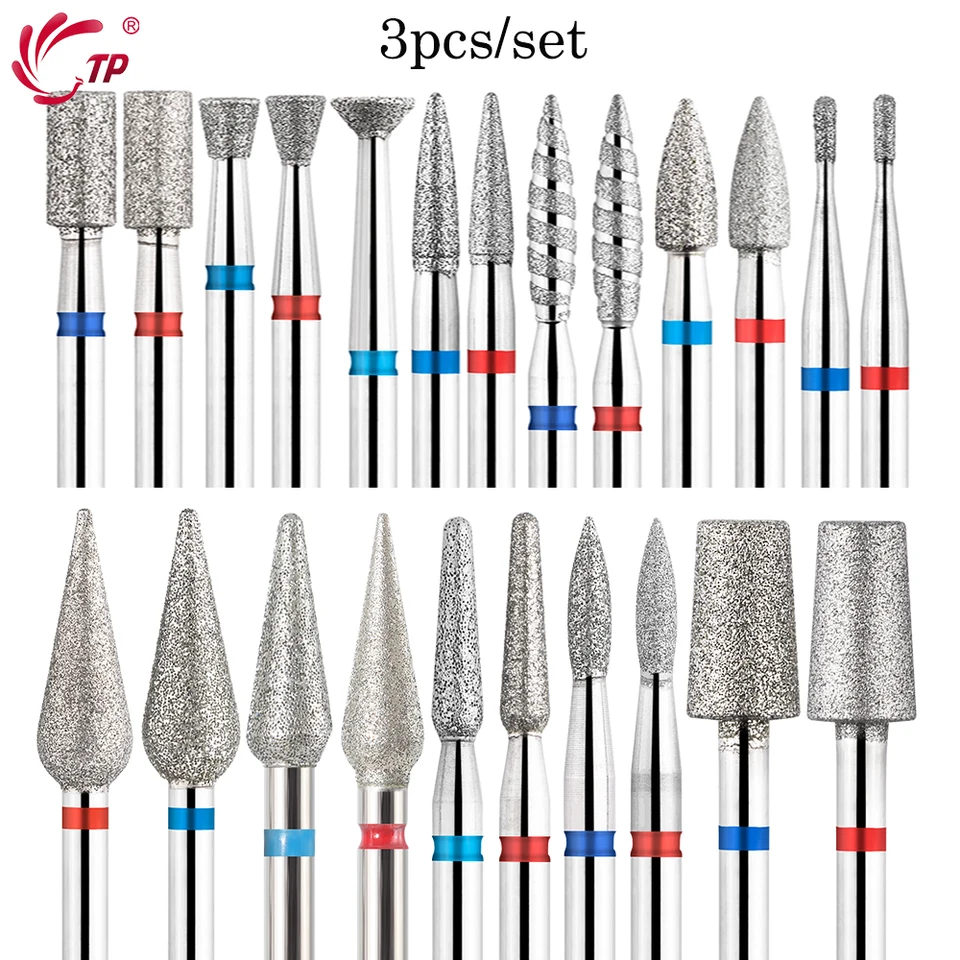 TP 3pcs/set Fresas de Uñas Diamante Llama 3/32'' Fresas Eléctricas Rusas Cortador Fresado para Manicura Remoción de Cutículas