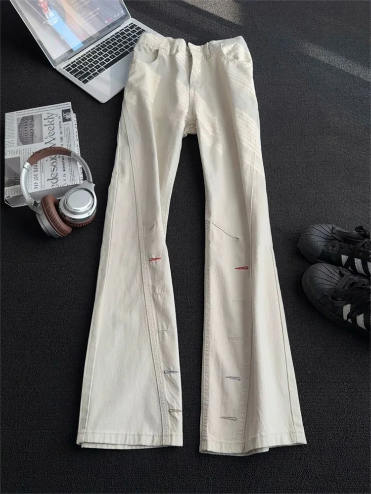 Retro Waed Sideways Cut Jeans Men's Spring Autumn Design Sense Embroidered Loose Straight Leg Micro Flared Pants