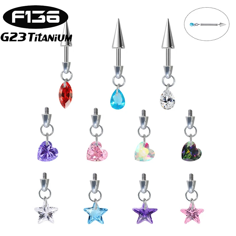 1PC G23 Titanium Labret Studs Zircon Star Pendant Internal Thread Ear Studs Helix Cartilage Conch Earlobe Piercing Body Jewelry