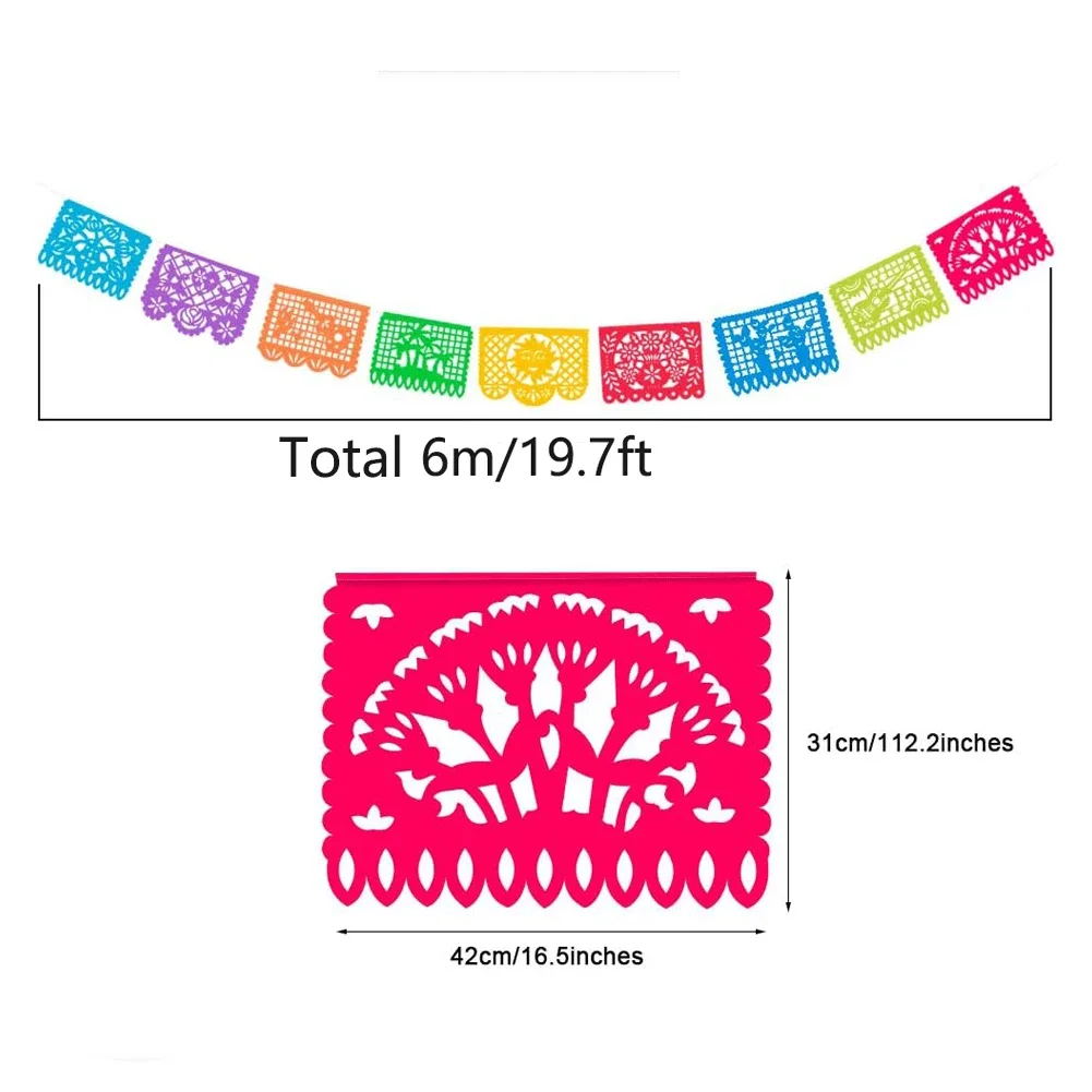 Mexican Party Banner Fiesta Banner Felt Papel Picado Banner Cinco de Mayo Dia De Los Muertos Decor Day of the Dead Decor 3M